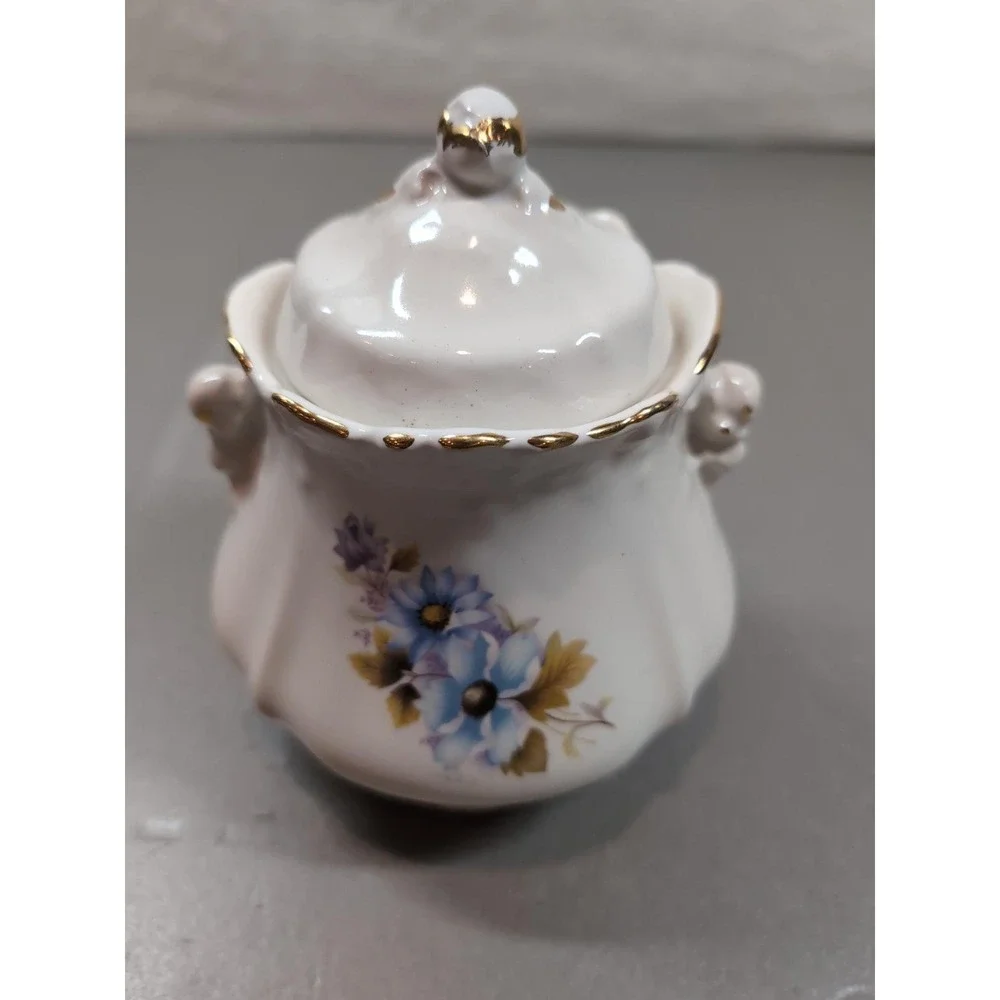 Vintage Porcelain Covered Sugar Bowl Floral Blue Purple Gold Trim Scalloped Edge